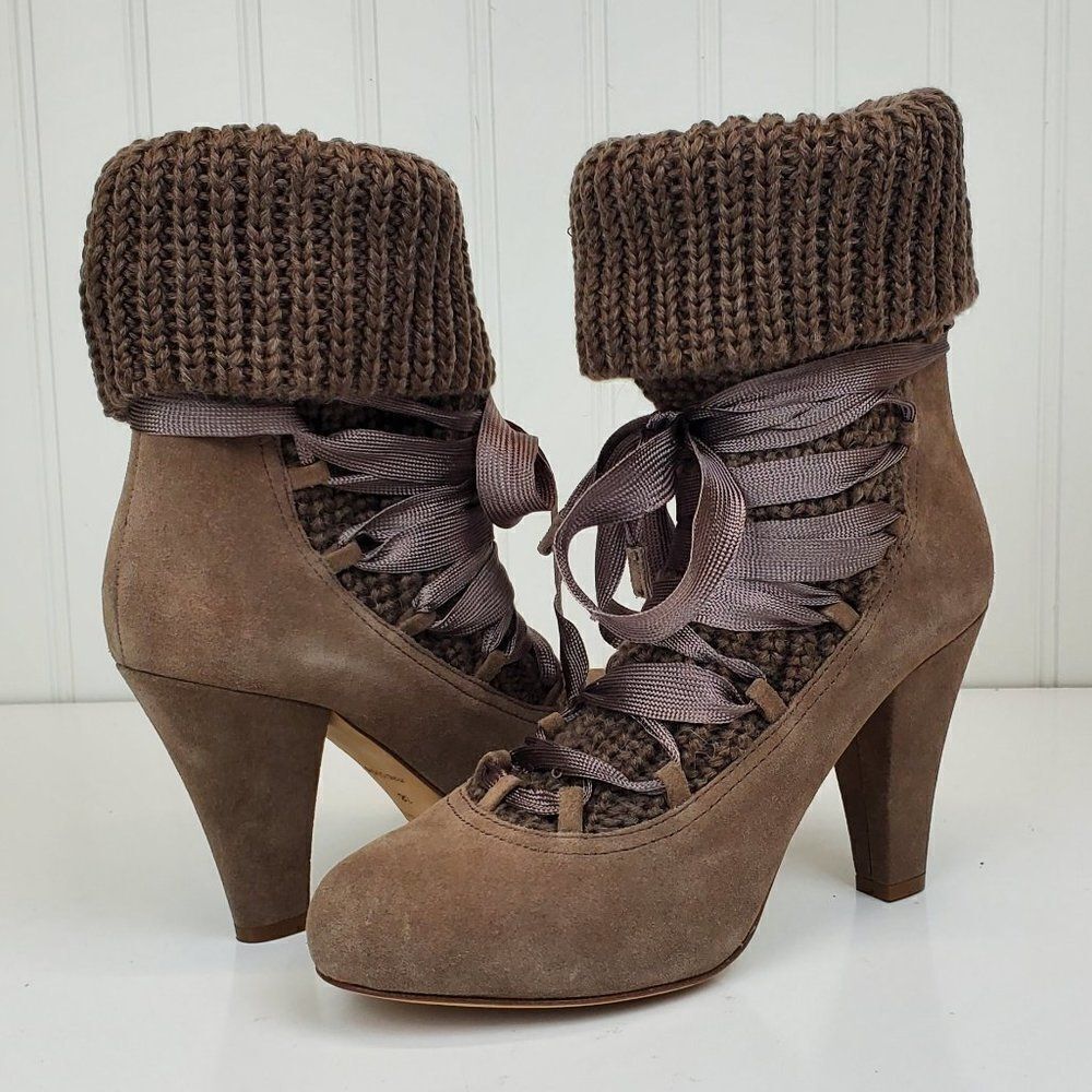 See by Chloe Suede Lace Up Knit Sock Bootie SH-038
